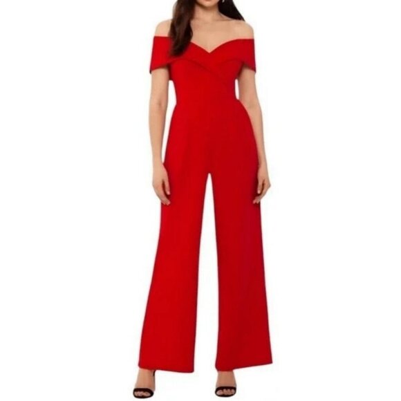 Xscape Red Crepe Off The Shoulders Sweetheart Stretch Party Jumpsuit - Picture 1 of 8